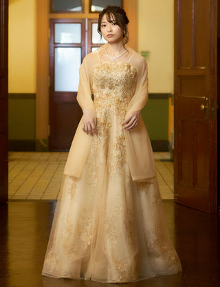TWEED DRESS(ツイードドレス)のゴールドロングドレス・チュール｜TN2015-GDの全身正面ストール着用画像です。