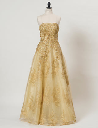 TWEED DRESS(ツイードドレス)のゴールドロングドレス・チュール｜TN2015-GDのトルソー全身正面画像です。
