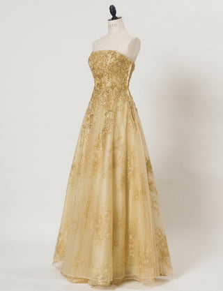 TWEED DRESS(ツイードドレス)のゴールドロングドレス・チュール｜TN2015-GDのトルソー全身斜め画像です。