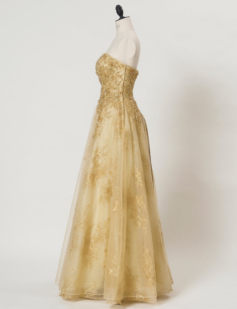 TWEED DRESS(ツイードドレス)のゴールドロングドレス・チュール｜TN2015-GDのトルソー全身側面画像です。