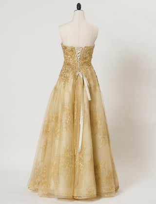 TWEED DRESS(ツイードドレス)のゴールドロングドレス・チュール｜TN2015-GDのトルソー全身背面画像です。