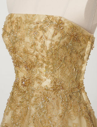TWEED DRESS(ツイードドレス)のゴールドロングドレス・チュール｜TN2015-GDのトルソー上半身斜め画像です。
