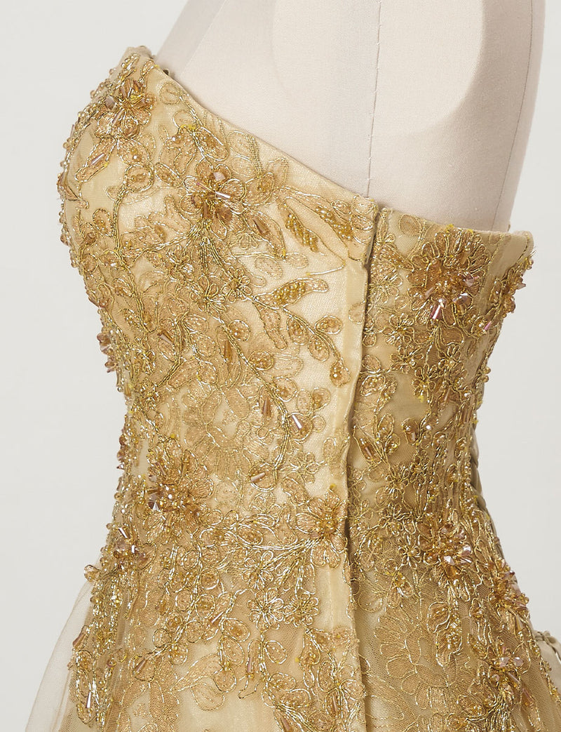 TWEED DRESS(ツイードドレス)のゴールドロングドレス・チュール｜TN2015-GDのトルソー上半身側面画像です。