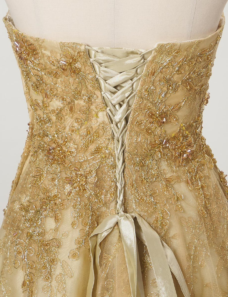 TWEED DRESS(ツイードドレス)のゴールドロングドレス・チュール｜TN2015-GDのトルソー上半身背面画像です。