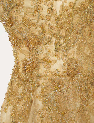 TWEED DRESS(ツイードドレス)のゴールドロングドレス・チュール｜TN2015-GDのトルソー上半身装飾拡大画像です。