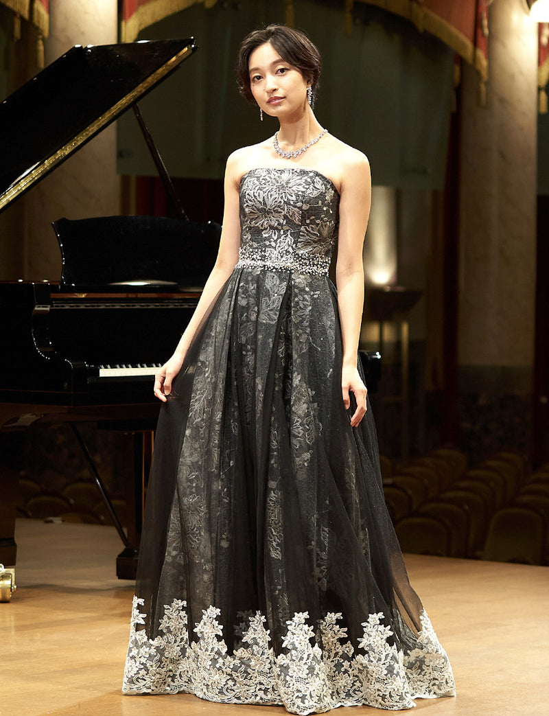 TWEED DRESS(ツイードドレス)のブラックロングドレス・チュール｜TN2018-BKの全身正面画像です。