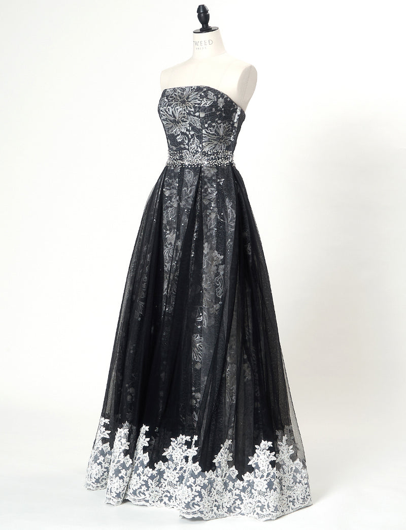 TWEED DRESS(ツイードドレス)のブラックロングドレス・チュール｜TN2018-BKのトルソー全身斜め画像です。