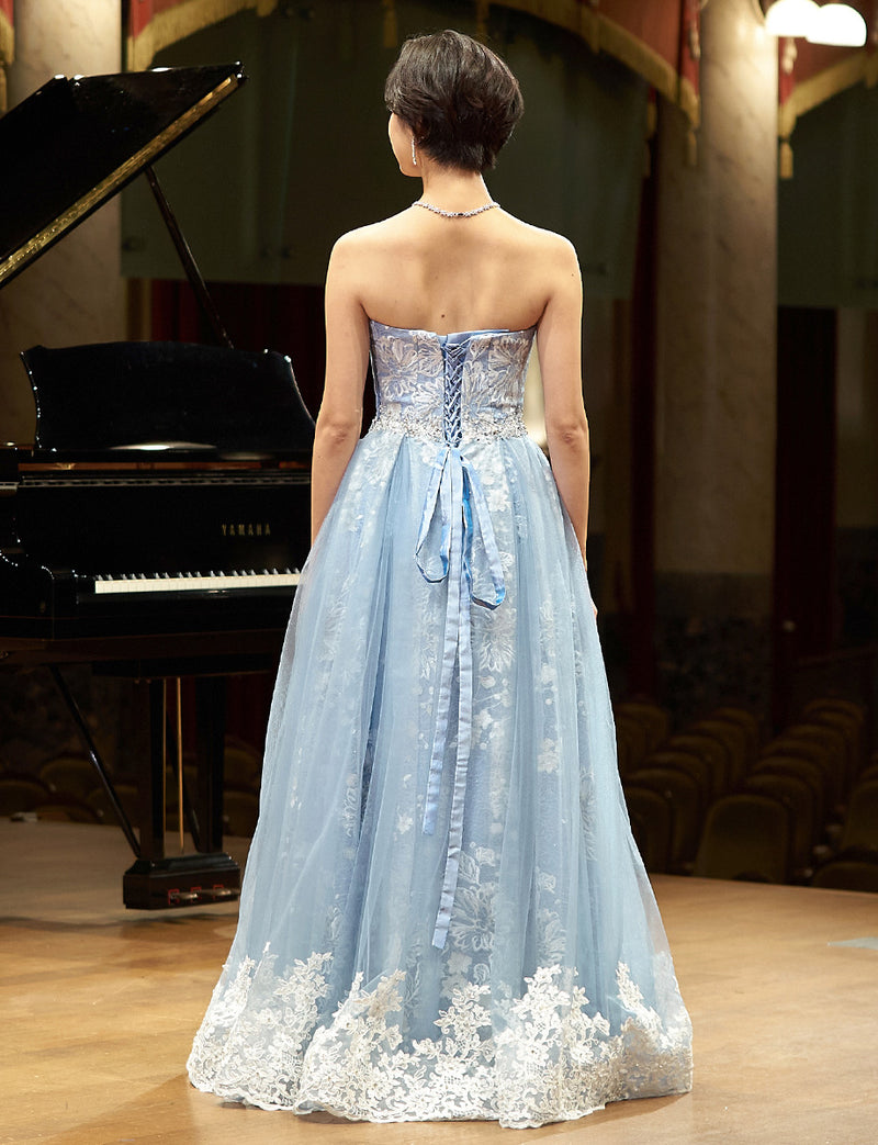 TWEED DRESS(ツイードドレス)のブルーグレーロングドレス・チュール｜TN2018-BLGYの全身背面画像です。