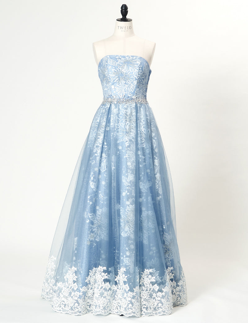 TWEED DRESS(ツイードドレス)のブルーグレーロングドレス・チュール｜TN2018-BLGYのトルソー全身正面画像です。