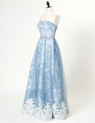 TWEED DRESS(ツイードドレス)のブルーグレーロングドレス・チュール｜TN2018-BLGYのトルソー全身斜め画像です。