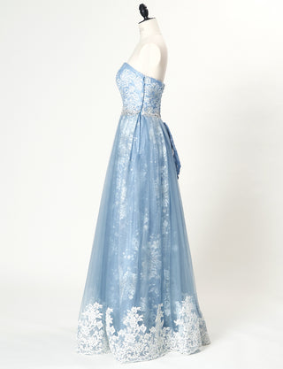 TWEED DRESS(ツイードドレス)のブルーグレーロングドレス・チュール｜TN2018-BLGYのトルソー全身側面画像です。