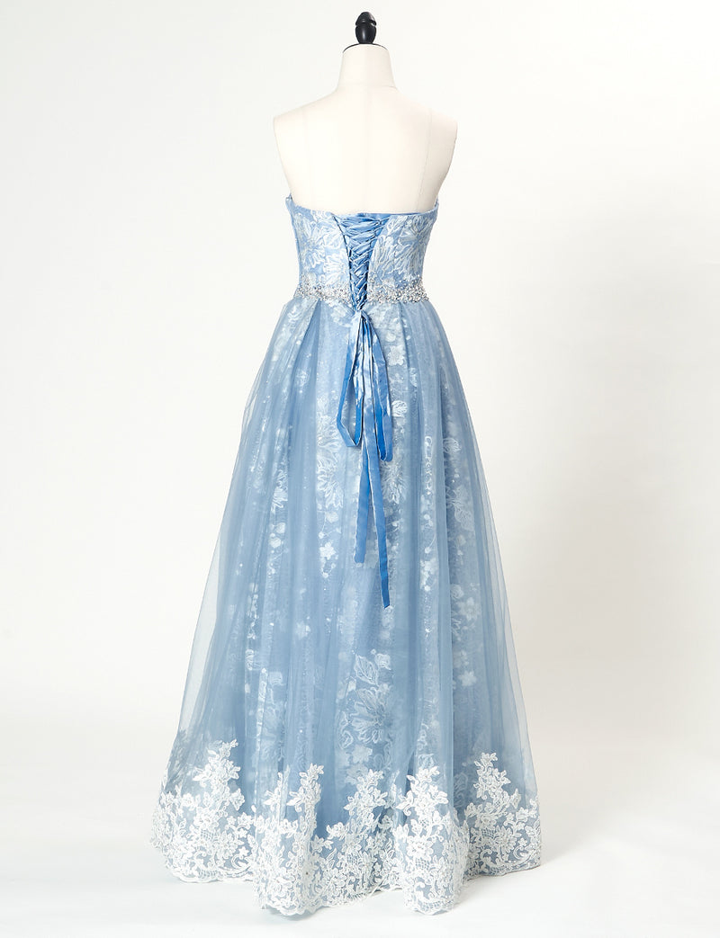 TWEED DRESS(ツイードドレス)のブルーグレーロングドレス・チュール｜TN2018-BLGYのトルソー全身背面画像です。