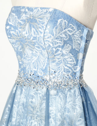 TWEED DRESS(ツイードドレス)のブルーグレーロングドレス・チュール｜TN2018-BLGYのトルソー上半身斜め画像です。