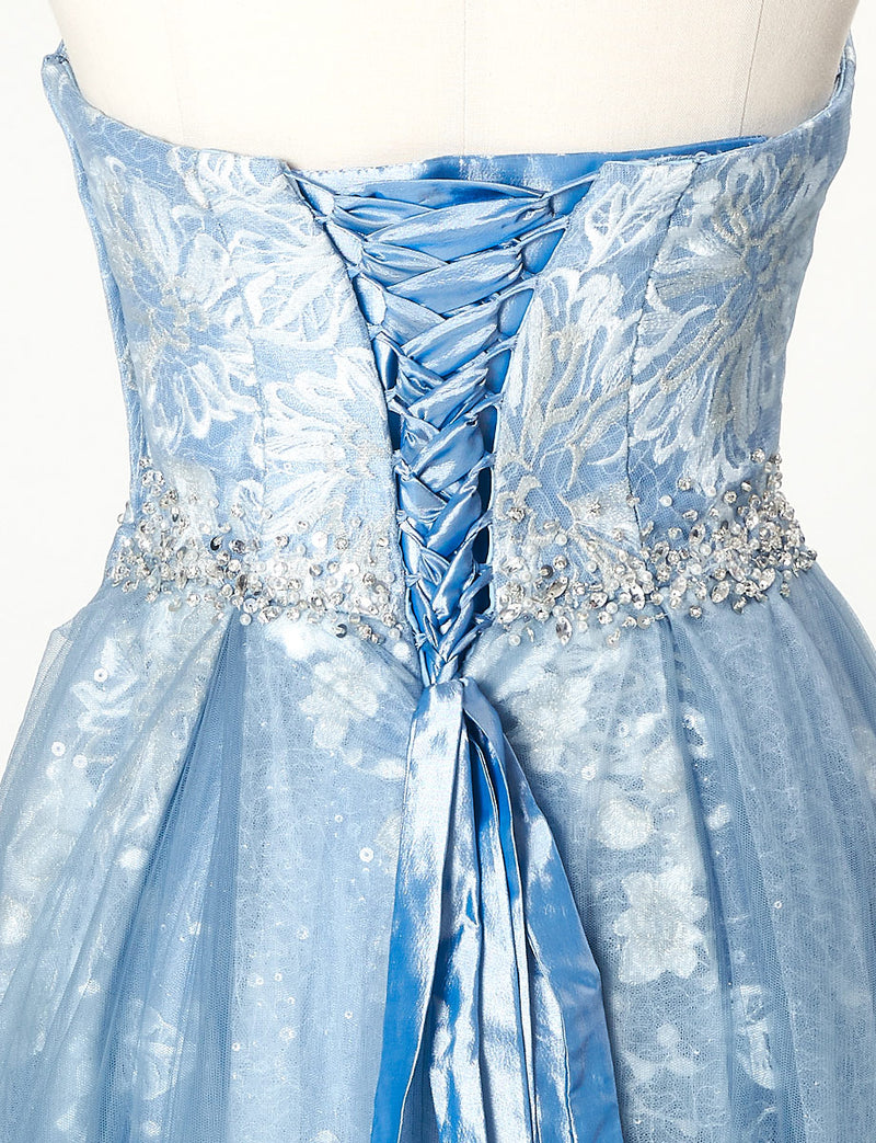 TWEED DRESS(ツイードドレス)のブルーグレーロングドレス・チュール｜TN2018-BLGYのトルソー上半身背面画像です。