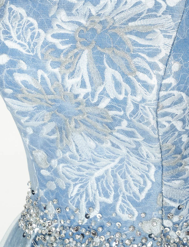 TWEED DRESS(ツイードドレス)のブルーグレーロングドレス・チュール｜TN2018-BLGYのトルソー上半身装飾拡大画像です。