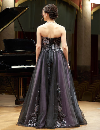 TWEED DRESS(ツイードドレス)のブラックロングドレス・チュール｜TN2019-BKの全身背面画像です。