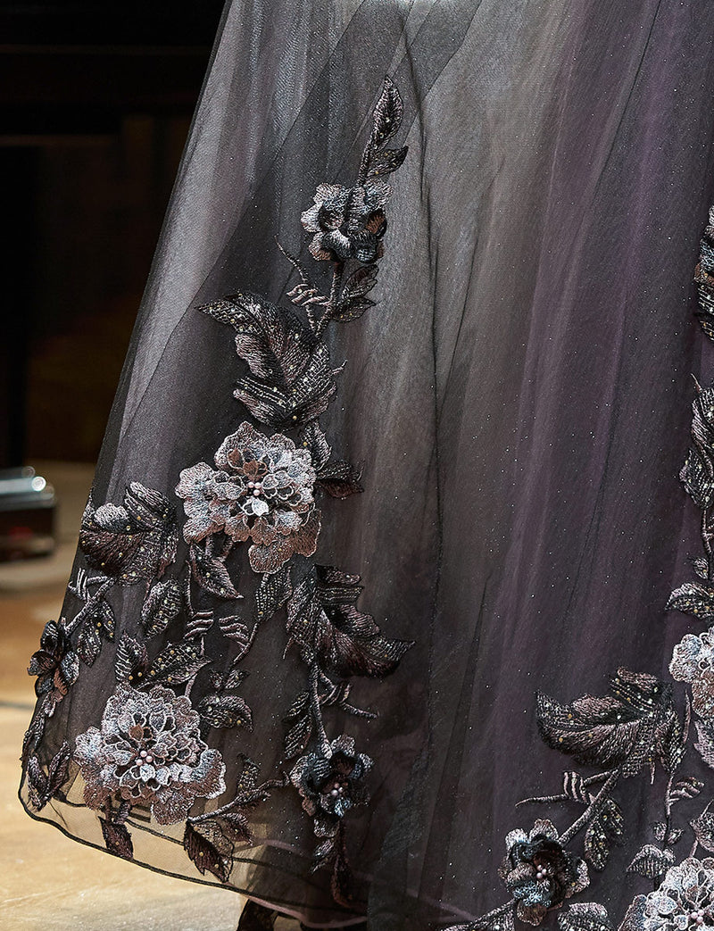 TWEED DRESS(ツイードドレス)のブラックロングドレス・チュール｜TN2019-BKのスカート裾レース拡大画像です。