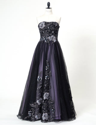 TWEED DRESS(ツイードドレス)のブラックロングドレス・チュール｜TN2019-BKのトルソー全身正面画像です。