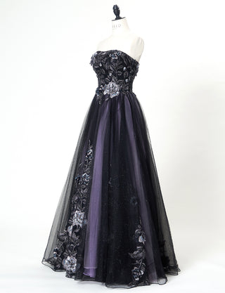 TWEED DRESS(ツイードドレス)のブラックロングドレス・チュール｜TN2019-BKのトルソー全身斜め画像です。