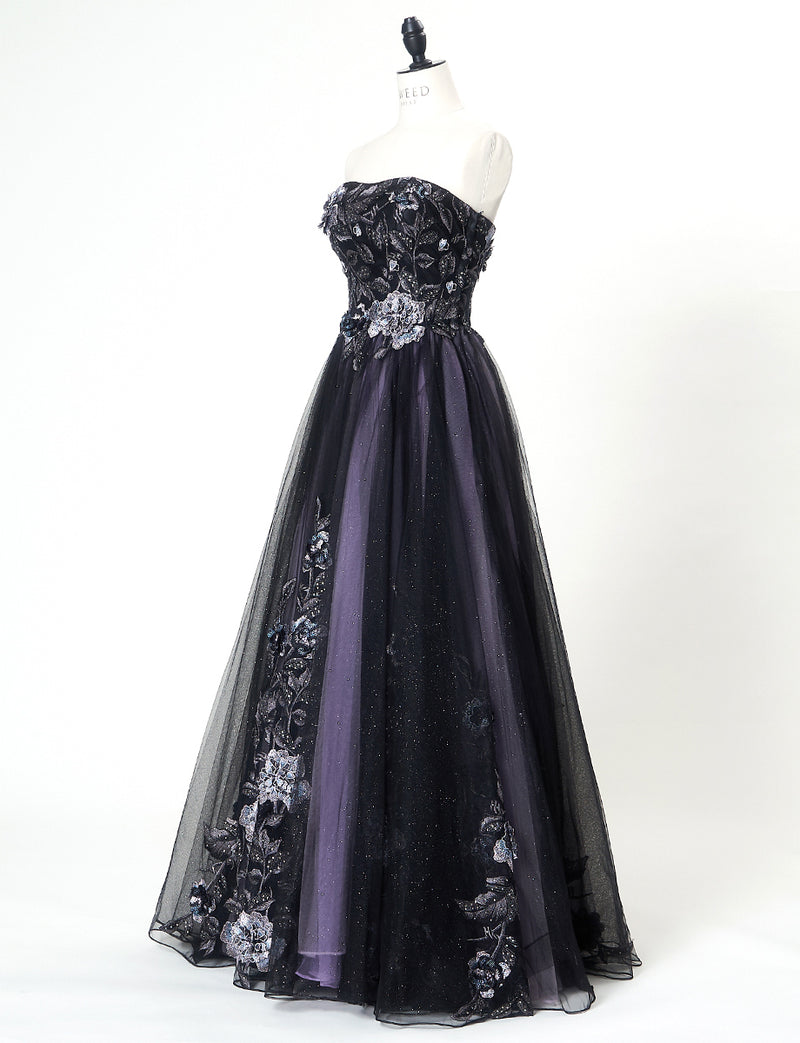 TWEED DRESS(ツイードドレス)のブラックロングドレス・チュール｜TN2019-BKのトルソー全身斜め画像です。