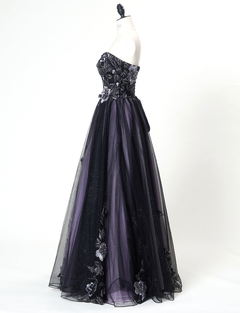 TWEED DRESS(ツイードドレス)のブラックロングドレス・チュール｜TN2019-BKのトルソー全身側面画像です。