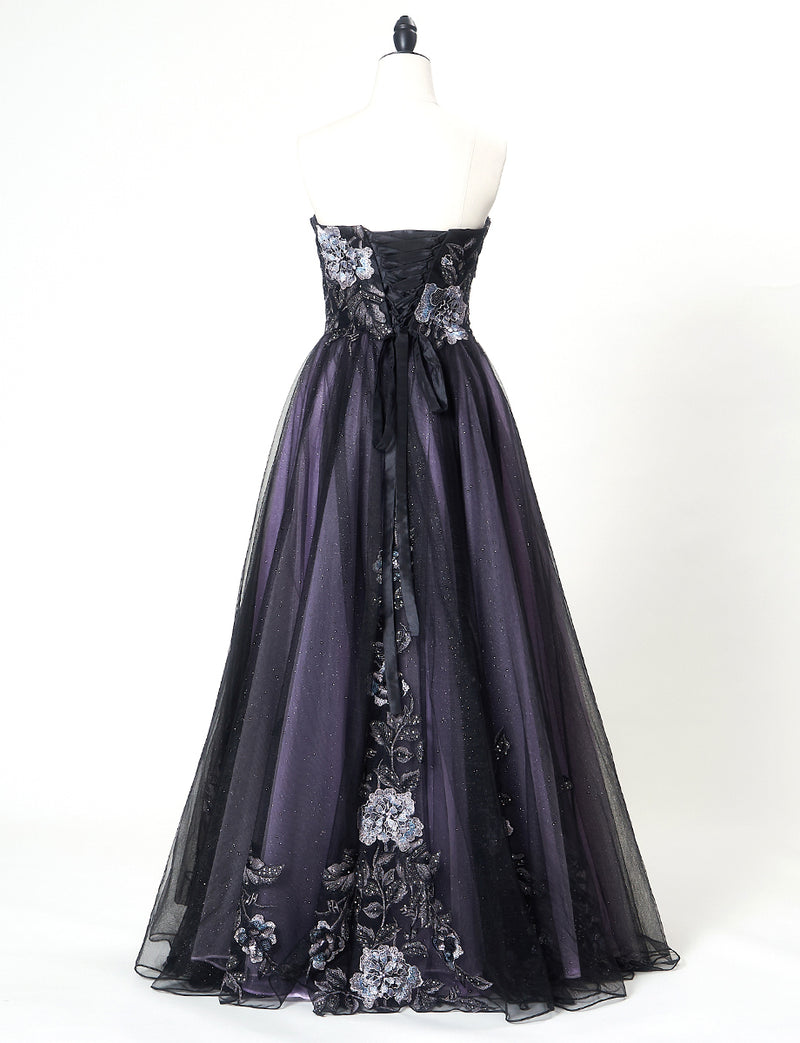 TWEED DRESS(ツイードドレス)のブラックロングドレス・チュール｜TN2019-BKのトルソー全身背面画像です。