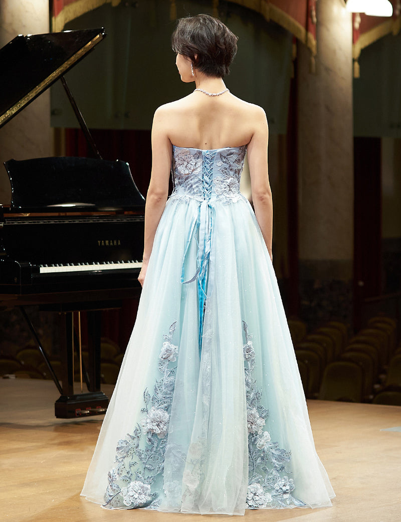 TWEED DRESS(ツイードドレス)のブルーグレーロングドレス・チュール｜TN2019-BLGYの全身背面画像です。
