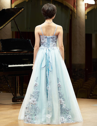 TWEED DRESS(ツイードドレス)のブルーグレーロングドレス・チュール｜TN2019-BLGYの全身背面ストラップ着用画像です。