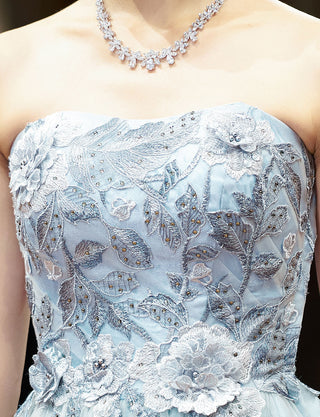 TWEED DRESS(ツイードドレス)のブルーグレーロングドレス・チュール｜TN2019-BLGYの上半身装飾拡大画像です。