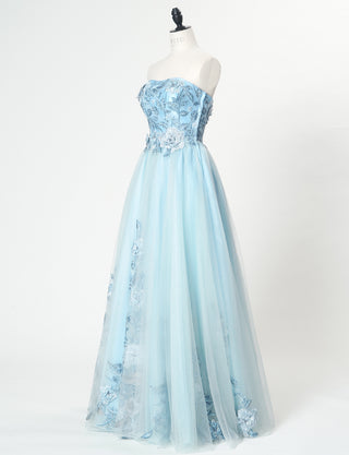 TWEED DRESS(ツイードドレス)のブルーグレーロングドレス・チュール｜TN2019-BLGYのトルソー全身斜め画像です。
