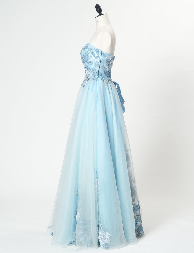 TWEED DRESS(ツイードドレス)のブルーグレーロングドレス・チュール｜TN2019-BLGYのトルソー全身側面画像です。