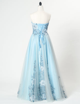 TWEED DRESS(ツイードドレス)のブルーグレーロングドレス・チュール｜TN2019-BLGYのトルソー全身背面画像です。