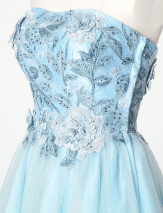 TWEED DRESS(ツイードドレス)のブルーグレーロングドレス・チュール｜TN2019-BLGYのトルソー上半身斜め画像です。