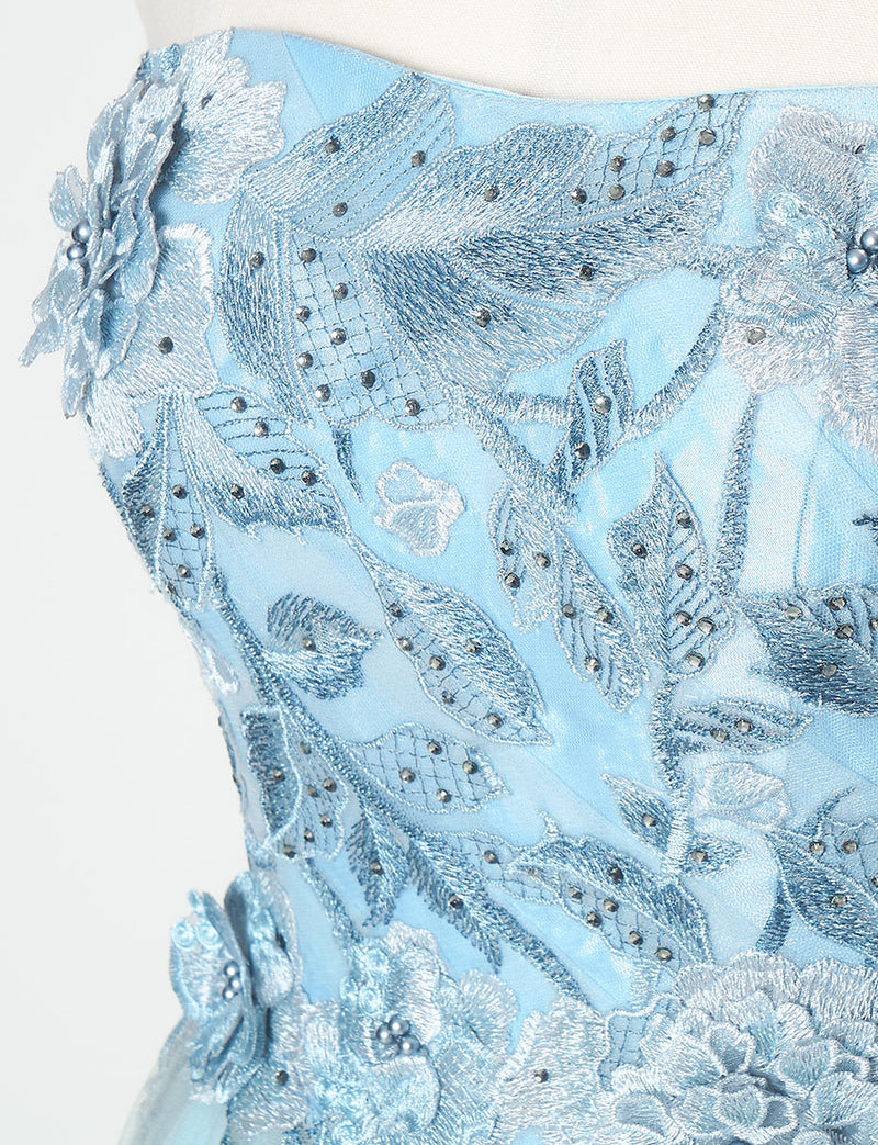 TWEED DRESS(ツイードドレス)のブルーグレーロングドレス・チュール｜TN2019-BLGYのトルソー上半身装飾拡大画像です。