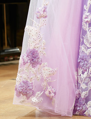 TWEED DRESS(ツイードドレス)のラベンダーロングドレス・チュール｜TN2019-LVのスカート裾レース拡大画像です。