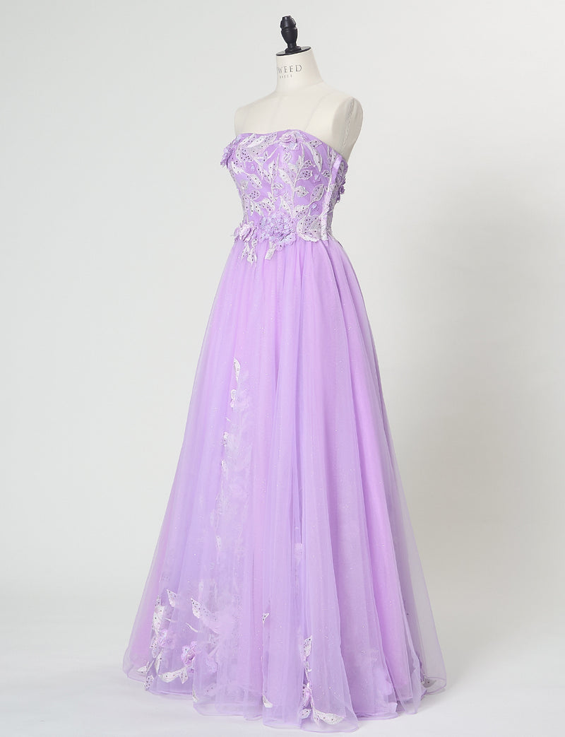 TWEED DRESS(ツイードドレス)のラベンダーロングドレス・チュール｜TN2019-LVのトルソー全身斜め画像です。