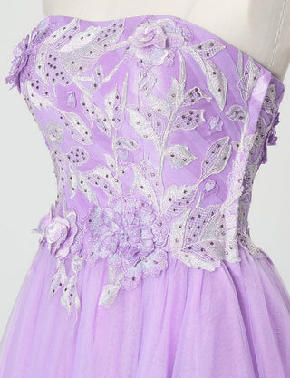 TWEED DRESS(ツイードドレス)のラベンダーロングドレス・チュール｜TN2019-LVのトルソー上半身斜め画像です。