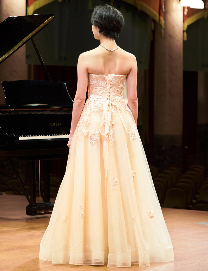 TWEED DRESS(ツイードドレス)のシャンパンゴールドロングドレス・チュール｜TN2020-CGDの全身背面画像です。