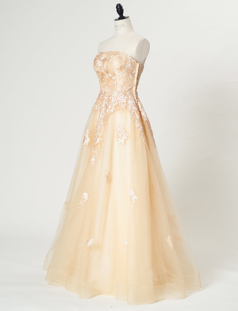 TWEED DRESS(ツイードドレス)のシャンパンゴールドロングドレス・チュール｜TN2020-CGDのトルソー全身斜め画像です。