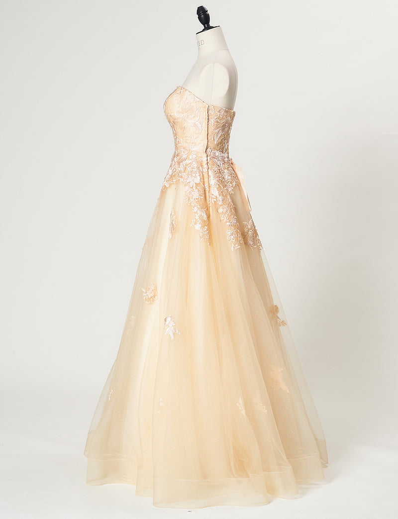 TWEED DRESS(ツイードドレス)のシャンパンゴールドロングドレス・チュール｜TN2020-CGDのトルソー全身側面画像です。