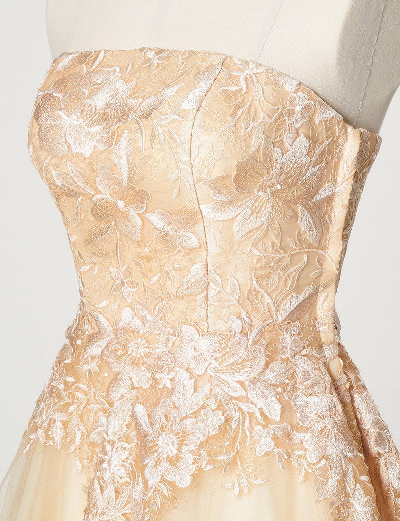 TWEED DRESS(ツイードドレス)のシャンパンゴールドロングドレス・チュール｜TN2020-CGDのトルソー上半身斜め画像です。
