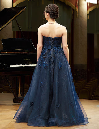 TWEED DRESS(ツイードドレス)のダークネイビーロングドレス・チュール｜TN2020-DNYの全身背面画像です。