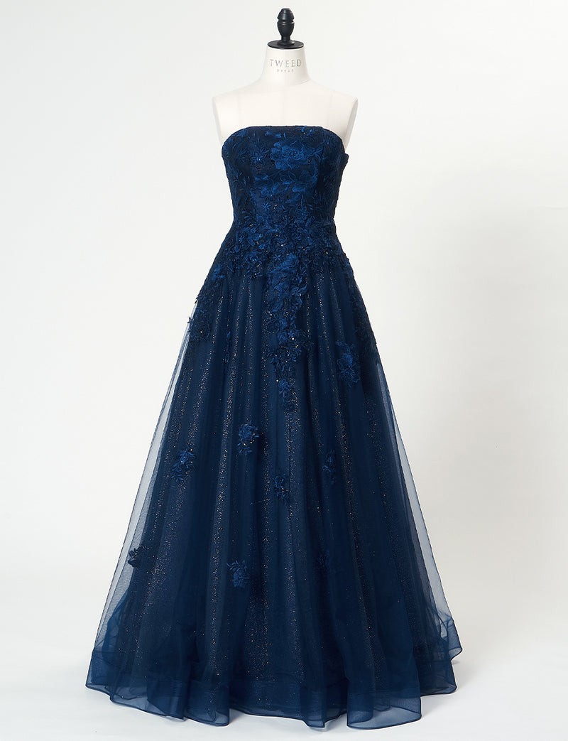 TWEED DRESS(ツイードドレス)のダークネイビーロングドレス・チュール｜TN2020-DNYのトルソー全身正面画像です。