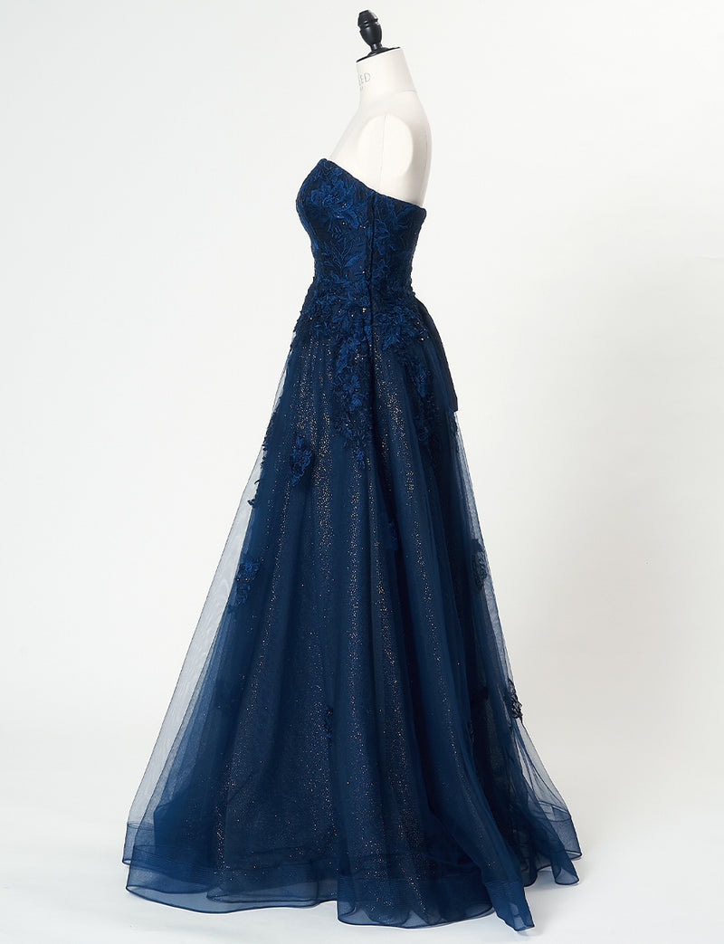 TWEED DRESS(ツイードドレス)のダークネイビーロングドレス・チュール｜TN2020-DNYのトルソー全身側面画像です。