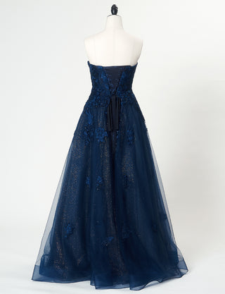 TWEED DRESS(ツイードドレス)のダークネイビーロングドレス・チュール｜TN2020-DNYのトルソー全身背面画像です。