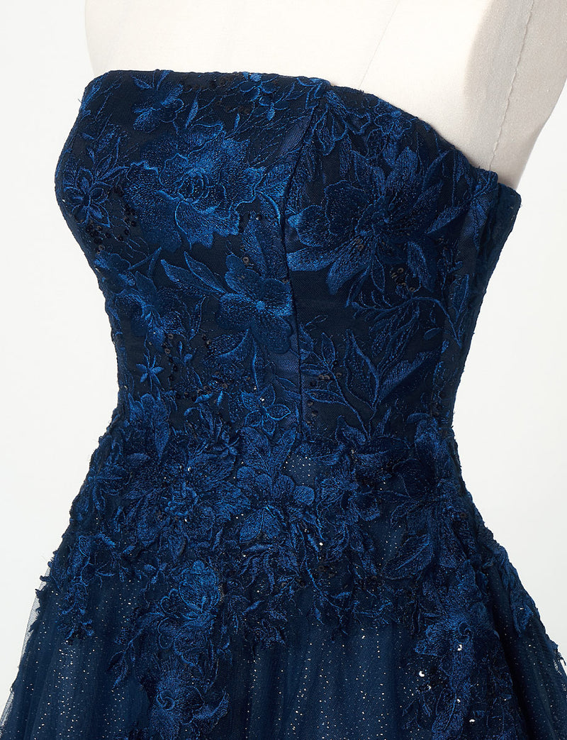 TWEED DRESS(ツイードドレス)のダークネイビーロングドレス・チュール｜TN2020-DNYのトルソー上半身斜め画像です。