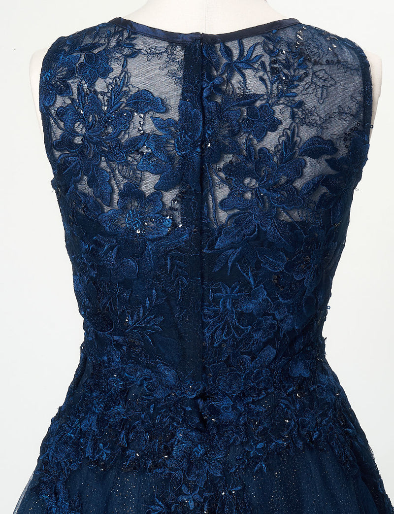 TWEED DRESS(ツイードドレス)のダークネイビーロングドレス・チュール｜TN2020-DNYのトルソー上半身背面ボレロ着用画像です。