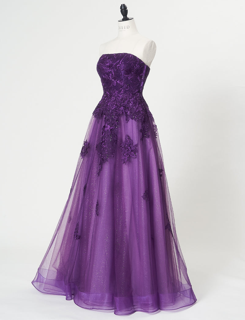 TWEED DRESS(ツイードドレス)のパープルロングドレス・チュール｜TN2020-PEのトルソー全身斜め画像です。