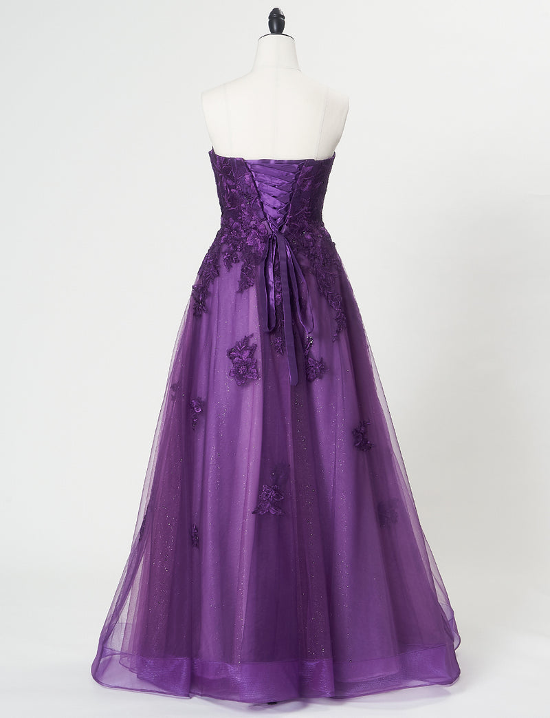 TWEED DRESS(ツイードドレス)のパープルロングドレス・チュール｜TN2020-PEのトルソー全身背面画像です。