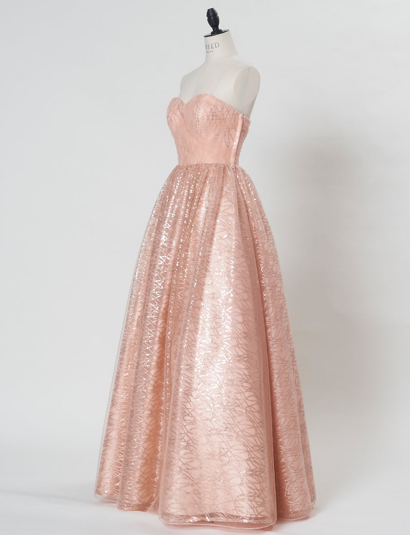 TWEED DRESS(ツイードドレス)のシェルピンクロングドレス・チュール｜TN2021-SHPKのトルソー全身斜め画像です。